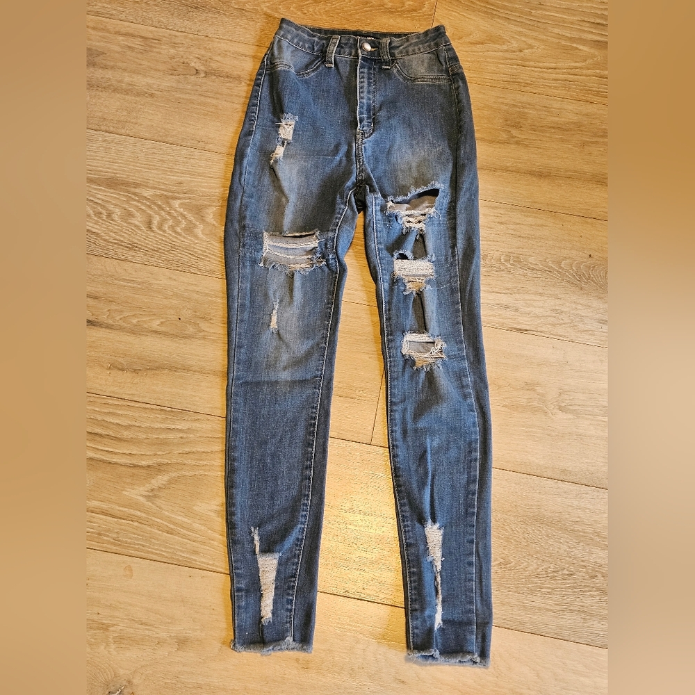 Fashion Nova High-waisted Distressed Skinny Jeans Medium Wash Women's 1(25)
